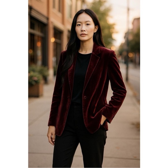 Eileen Fisher Plus Velvet Burgundy Red Long Sleeve Holiday Blazer Size 1X - Picture 1 of 8